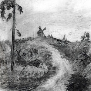 Moulin à vent | Dessin original au fusain