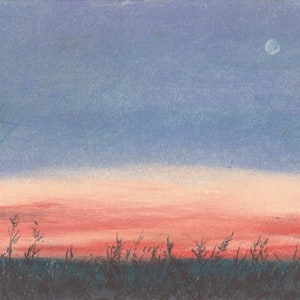 Paysage coucher de soleil | Dessin original au pastel | Atmosphérique