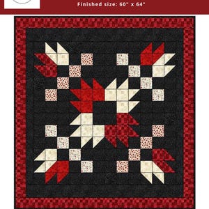 May include: A quilt pattern named "Canadian Maples", measuring 152 cm x 163 cm when finished. The design showcases maple leaf patterns in red, cream, and black, framed by a red and black border. The title "Canadian Maples" is displayed.