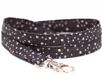 White polka dots on dark gray lanyard, optional breakaway, 1/2" wide, skinny fabric lanyard, badge holder, ID strap, key fob