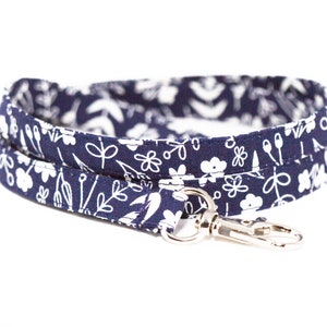 White flowers on navy lanyard, optional breakaway, 1/2&quot; wide, skinny fabric lanyard, badge holder, ID strap, key fob, fall lanyard