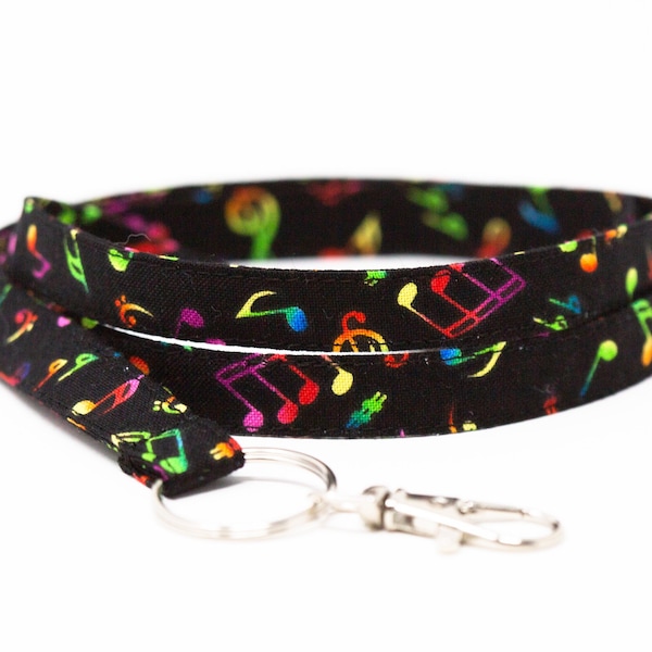 Rainbow music lanyard in black, optional breakaway, 1/2" wide, skinny fabric lanyard, badge holder, ID strap, key fob