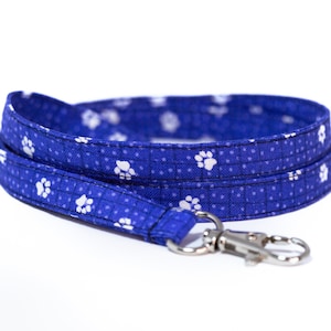 White paws on blue lanyard, optional breakaway, 1/2&quot; wide, skinny fabric lanyard, badge holder, ID strap, key fob