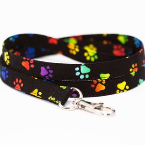 Rainbow paws on black lanyard, optional breakaway, 1/2&quot; wide, skinny fabric lanyard, badge holder, ID strap, key fob