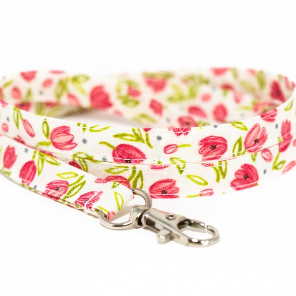 Red tulip lanyard in cream, optional breakaway, 1/2" wide, skinny fabric lanyard, badge holder, ID strap, key fob,