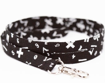 Math black and white lanyard, optional breakaway, 1/2" wide, skinny fabric lanyard, badge holder, ID strap, key fob