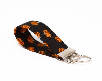 Orange pumpkins on black mini key fob, 100% cotton fabric, key holder, wristlet, keychain, Halloween key fob