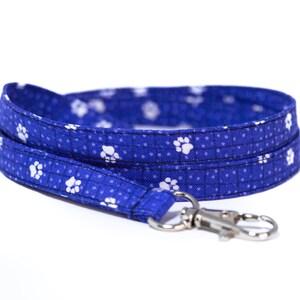 White Paw Print Lanyard: Blue Cotton Fabric ID Badge Holder