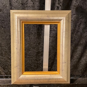 May include: A rectangular picture frame with a silver and gold finish. The frame has a textured surface with dark accents and a gold inner edge. The frame is displayed on a white easel against a dark background.
