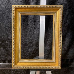 May include: A rectangular picture frame with a metallic gold finish. The frame features an ornate, raised scrollwork pattern along the outer edge and a delicate beaded texture along the inner border, creating a layered, dimensional appearance.