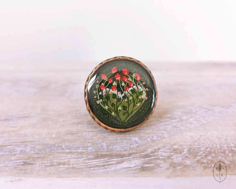 Floral Heart large round ring Statement cottagecore copper image 1