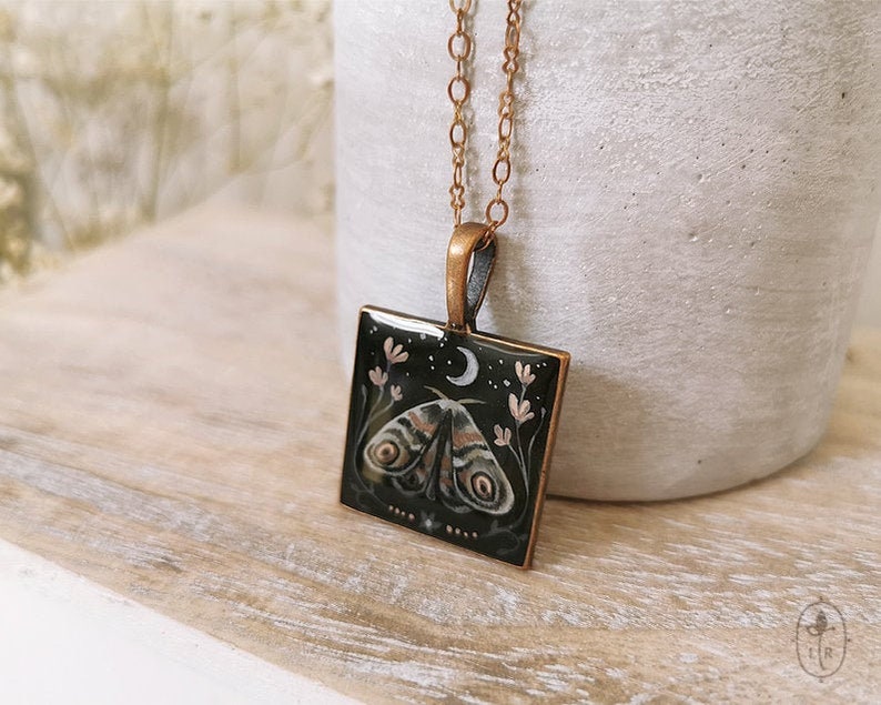 Moth necklace Square hand painted pendant Boho butterfly image 2