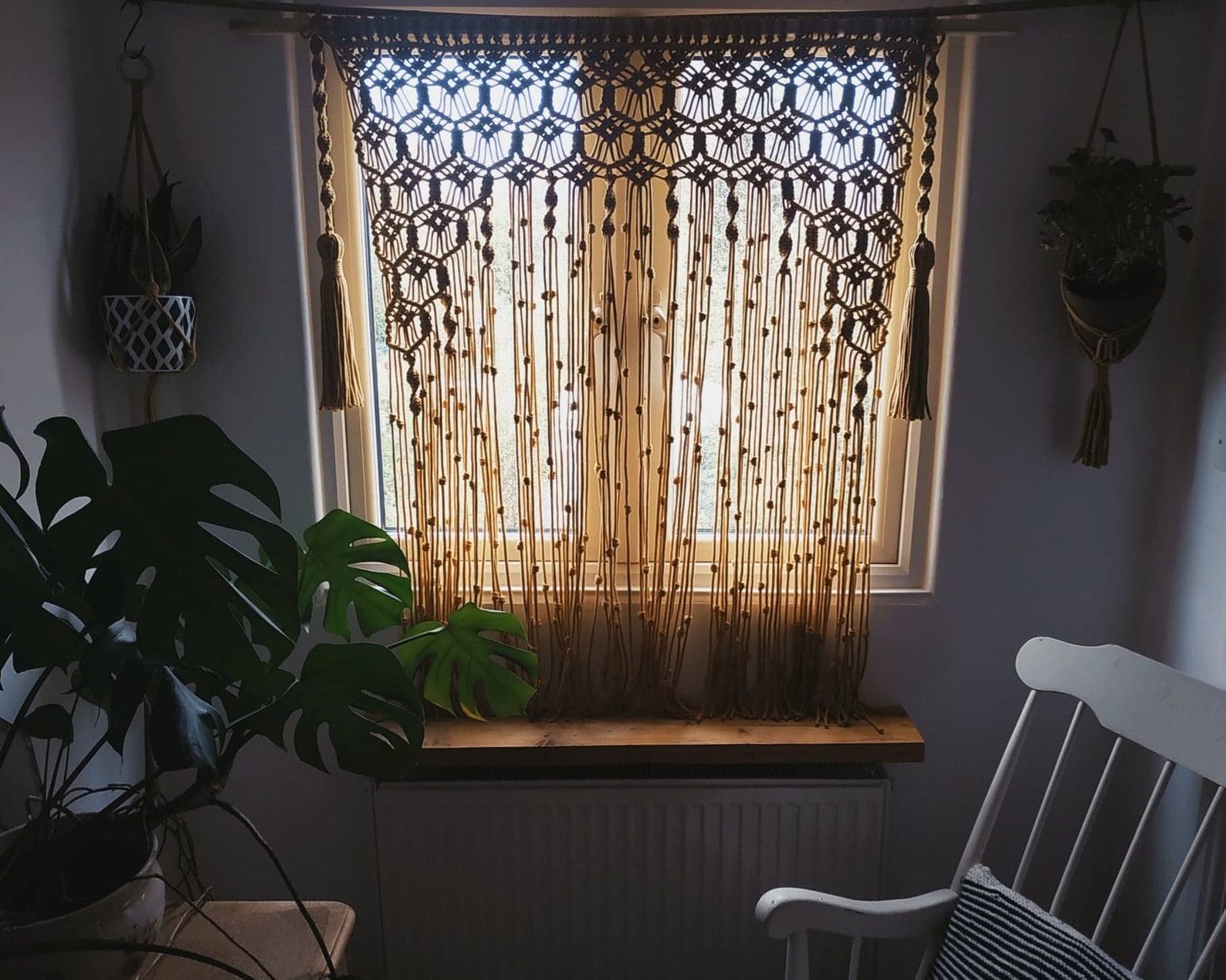 Rideau Boho Crochet Coton - 138x106cm - Style Macramé Transparent - Beige