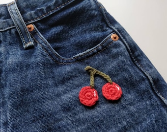 Crochet Cherry Applique Patch - 100% cotton suitable for clothes and bags