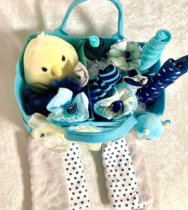 New Infant Gift Baby Boy Gift Corporate Grandson Collapsible Diaper Caddy Boy Gift Basket: Baby Shower Welcome Baby Basket