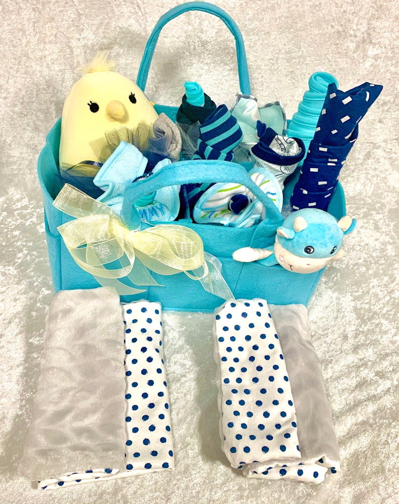 New Infant Gift Baby Boy Gift Corporate Grandson Collapsible Diaper Caddy Boy Gift Basket: Baby Shower Welcome Baby Basket