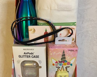 Unicorn Box, Multi-colored Studded lanyard, Glitter Airpod Case, Unicorn Box Charger Box, Blank Notebook,  Reusable Teacher Bag