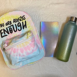 Tie Dye Party Box, blue glitter water bottle, Silver blank notebook, Bag, Gift Bag image 5