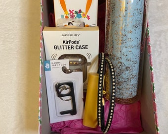 Plastic Water Bottle, Silver studded lanyard, Sparkle Box, Glitter Case,  Airpod Case, Bunny Box Charger, Hands Free Tool, Gift Set