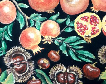 Pomegranates and Chestnuts Original Pastels Painting  Ripe fruits Art by PelagejArt 16 by 12"