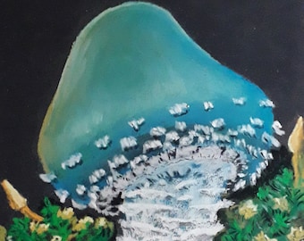 Blauer Pilz-Fliegenpilz kleine Original Pastelle Malerei Blau Pilz Kunst von PelagejArt 18 x 12cm