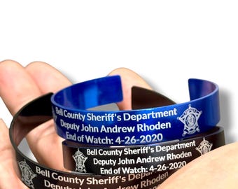 Personalized Fallen Officer Memorial Bracelet, Thin Blue Line Police Tribute Cuff