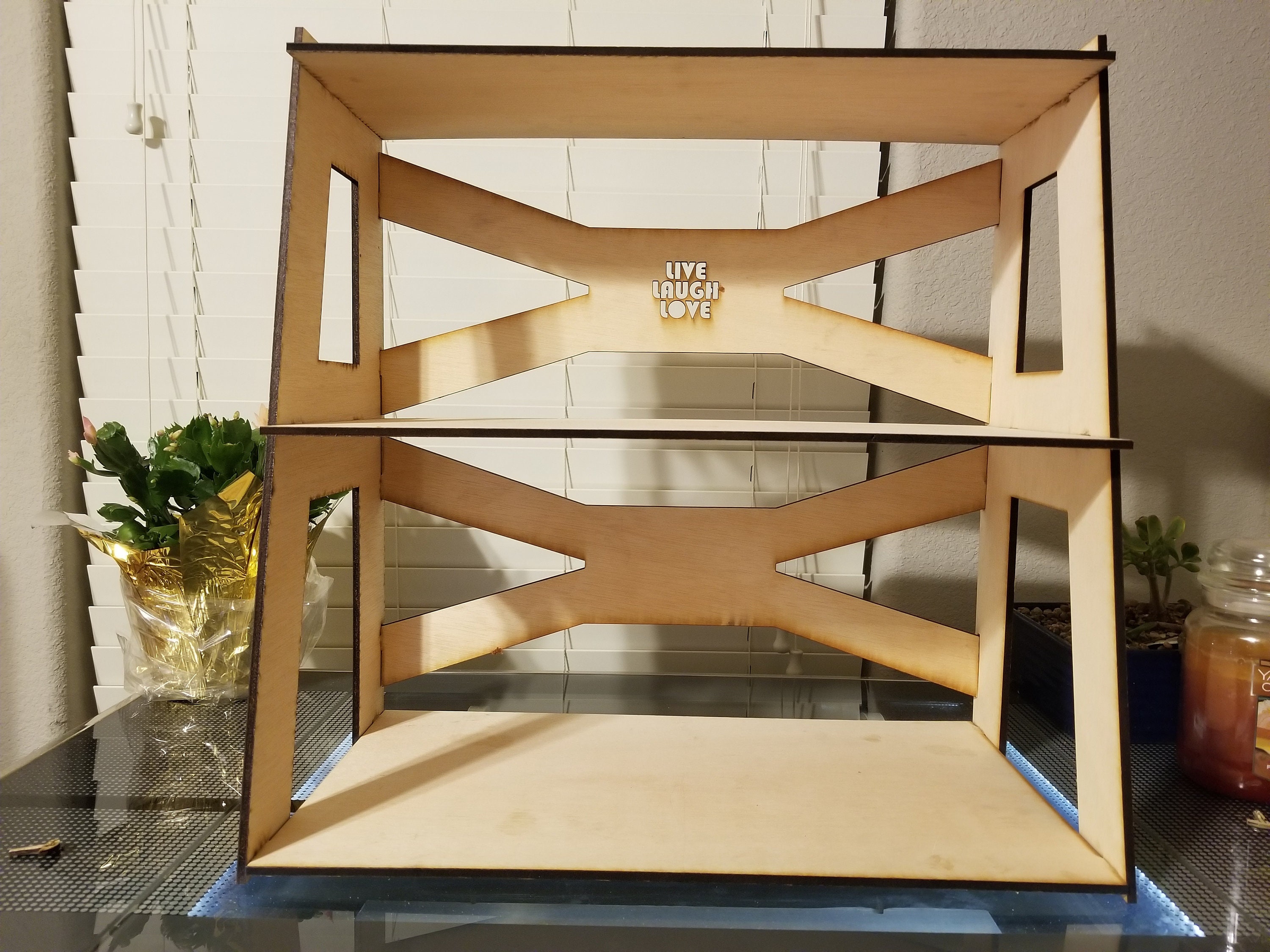 Biggest Strongest HD Shelf / Stand / Display Rack with "X" Braces - 3 tiered Sturdy Shelf - SVG PDF Laser cut File Made for a Glowforge