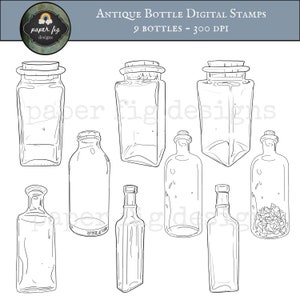 Antique Bottle Digital Stamps - 9 PNG images