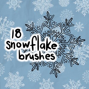 May include: Digital art image featuring a large black and white snowflake design with the text "18 snowflake brushes" in a bold, handwritten style. The background is a light blue with scattered white snowflake illustrations.