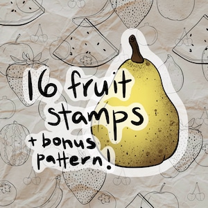 May include: A digital illustration of 16 fruit stamps and a bonus pattern. The stamps include a pear, watermelon, strawberry, apple, cherry, and more. The background is a textured brown paper.