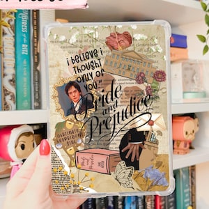 May include: Clear protective case featuring a collage design with the text "Pride and Prejudice." The design includes images of a man, a book, and a butterfly, with the words "Printable" and "Free Insert Included."