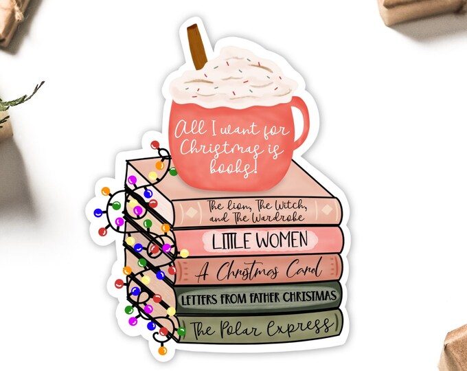 Bookmas Sticker, Christmas Book Stack Sticker, Christmas Book, Little ...