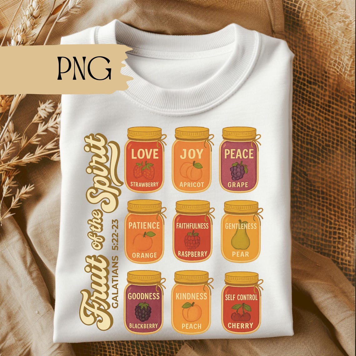 Retro Fruit of the Spirit Jam Jars, Bible Verse PNG, Christian Shirt ...