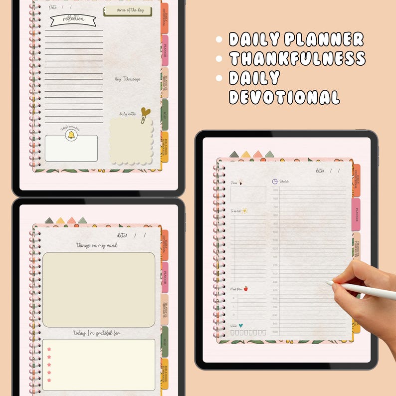 May include: A collection of spiral-bound daily planners with colorful tabs and decorative elements. The planners feature sections for reflection, daily notes, and gratitude. Text on the image includes "Daily Planner," "Thankfulness," and "Daily Devotional."