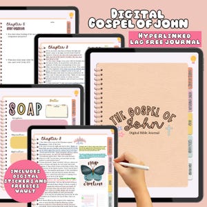 Könnte beinhalten: Ein digitales Journal zum Studium des Johannesevangeliums. Das Journal hat einen rosa und pfirsichfarbenen Einband mit einem goldenen Kreuz und dem Text "Das Evangelium nach Johannes" in weißer Schrift. Das Journal ist auf einer Seite mit einer Schmetterlingsgrafik und dem Text "Neue Schöpfung" geöffnet.