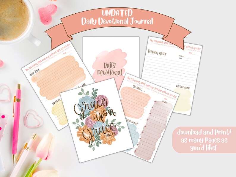 May include: A printable daily devotional journal with a floral design and the text "Grace upon Grace" in brown lettering. The journal includes pages for daily reflections, scripture notes, and prayer requests.