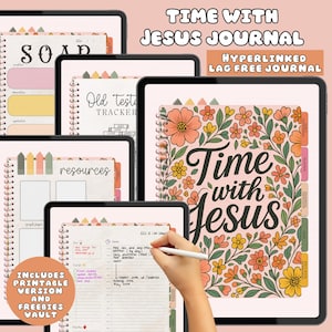 Puede incluir: Diario digital con el texto "Time with Jesus" rodeado de ilustraciones florales. El diario incluye versiones imprimibles y obsequios. La imagen muestra varias páginas del diario, incluido un rastreador y un planificador diario.