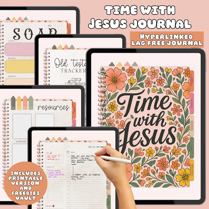 May include: Digital journal with the text "Time with Jesus" surrounded by floral illustrations. The journal includes printable versions and freebies. The image shows several journal pages, including a tracker and a daily planner.