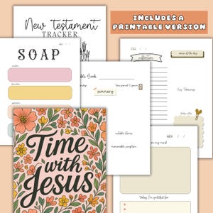 May include: A collection of printable journal pages with floral designs and the text "Time with Jesus." Includes pages for SOAP, reflection, and note-taking. The phrase "New Testament Tracker" is also visible.