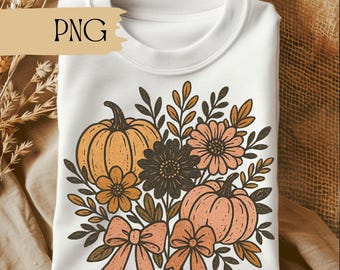 Calabazas y flores de otoño PNG, diseños de otoño de moda, diseños DTF de otoño de moda, diseños de sublimación, DTF de otoño, diseño de otoño de la temporada de calabazas