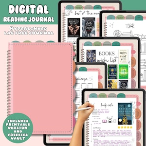 May include: A digital reading journal with a pink cover and spiral binding. The journal includes a printable version and freebies vault. Several digital tablets display book covers, wish lists, and book information. The text "DIGITAL READING JOURNAL" is at the top.