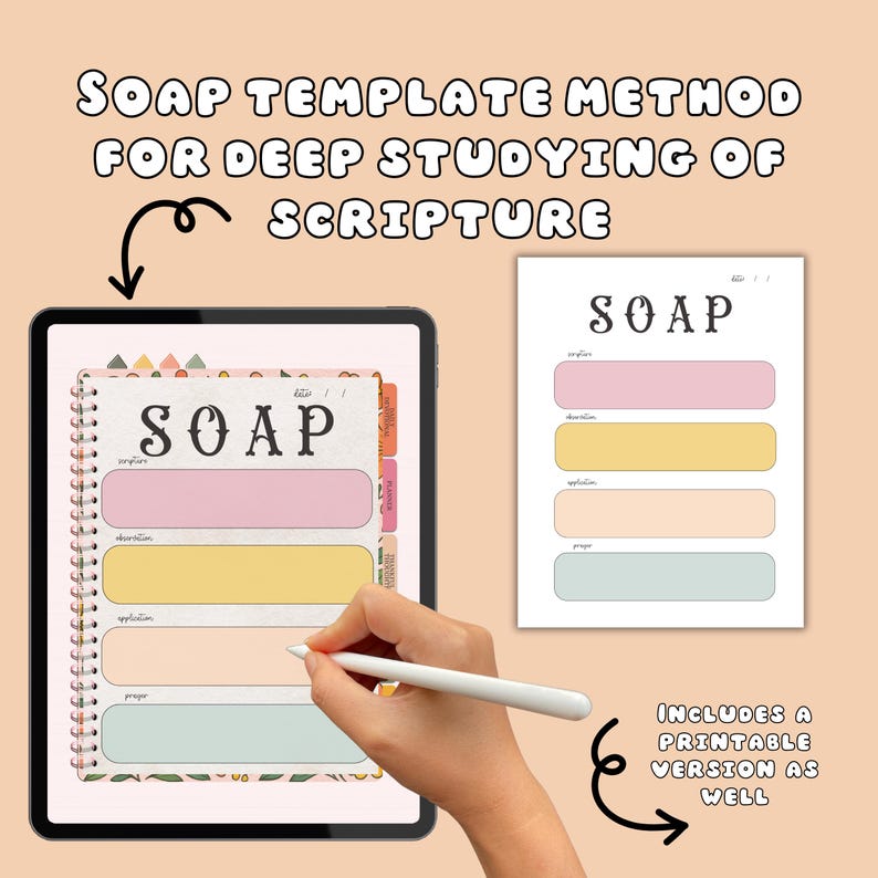 May include: A digital tablet displaying a SOAP template for scripture study, with pink, yellow, peach, and mint green sections. The text "SOAP" is at the top. A hand holds a stylus, pointing to the template. The image also includes a printable version.