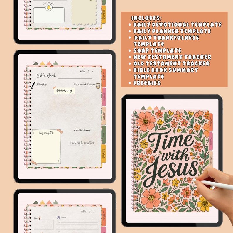 May include: Digital planner with a floral design and the words "Time with Jesus." The planner includes templates for daily devotionals, planning, and tracking, with a summary section for Bible study.