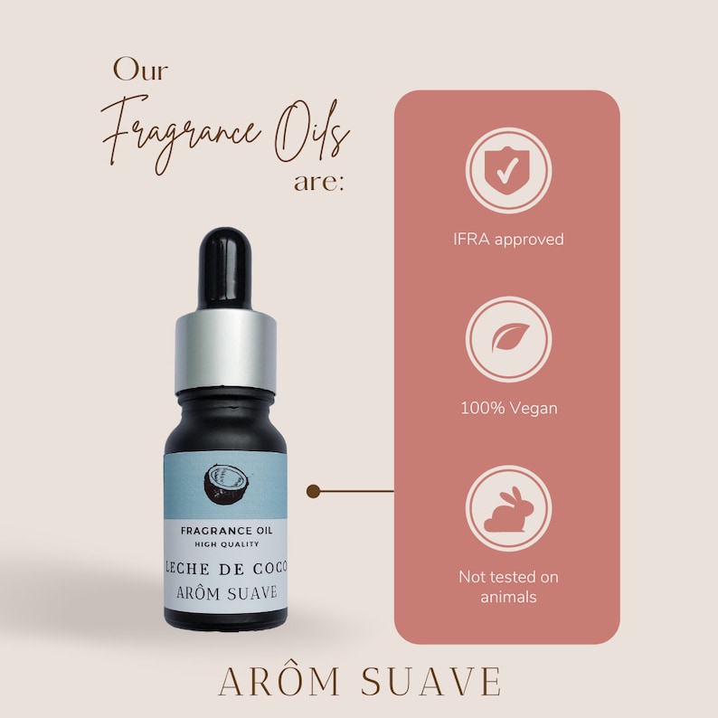 May include: A black glass bottle with a silver cap and a dropper. The bottle contains fragrance oil labeled "Fragrance Oil High Quality Leche de Coco Arom Suave". The bottle is on a white background with a pink rectangle to the right. The rectangle contains icons indicating that the product is IFRA approved, 100% vegan, and not tested on animals.