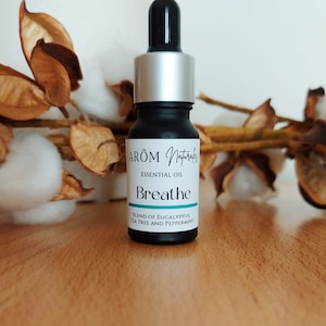 Op de afbeelding: Een klein zwart flesje met een zilveren dop en een wit etiket met de tekst "AROM Naturals Essentiële Olie Adem Mengsel van eucalyptus, tea tree en pepermunt".