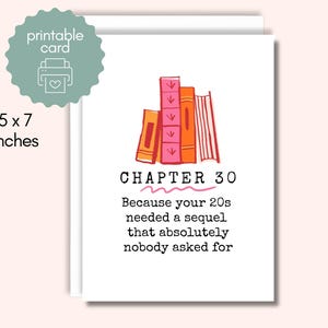 May include: A white greeting card with the text "CHAPTER 30" and a humorous message. The card features a stack of books in shades of orange and pink. The card measures 5 x 7 inches.
