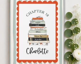 May include: A rectangular book cover with vertical light blue and white stripes, featuring a central white panel with a scalloped orange border. The text reads Chapter 18, Charlotte, and includes a stack of books labeled imagine, create, think gratitude, believe, dream big, and be fearless.