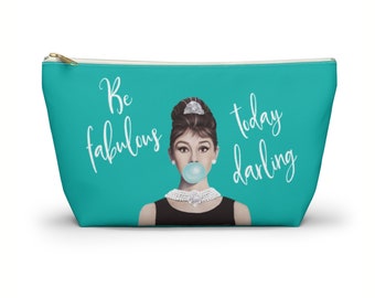 Audrey Hepburn Quote Pouch, Cute Personalized Makeup Bag, Custom Cosmetic Grab Bag Organizer, Monogram Travel Bag, THB-1107