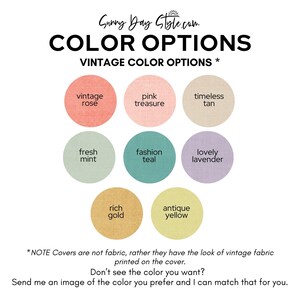 May include: A color chart titled Sunny Day Style.com COLOR OPTIONS VINTAGE COLOR OPTIONS featuring eight circular swatches labeled vintage rose, pink treasure, timeless tan, fresh mint, fashion teal, lovely lavender, rich gold, and antique yellow.