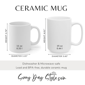 May include: Two white ceramic mugs with handles, one 3.74 inches tall and 3.15 inches in diameter, the other 4.61 inches tall and 3.43 inches in diameter. Text on the image reads "CERAMIC MUG" and "Sunny Day Style.com".